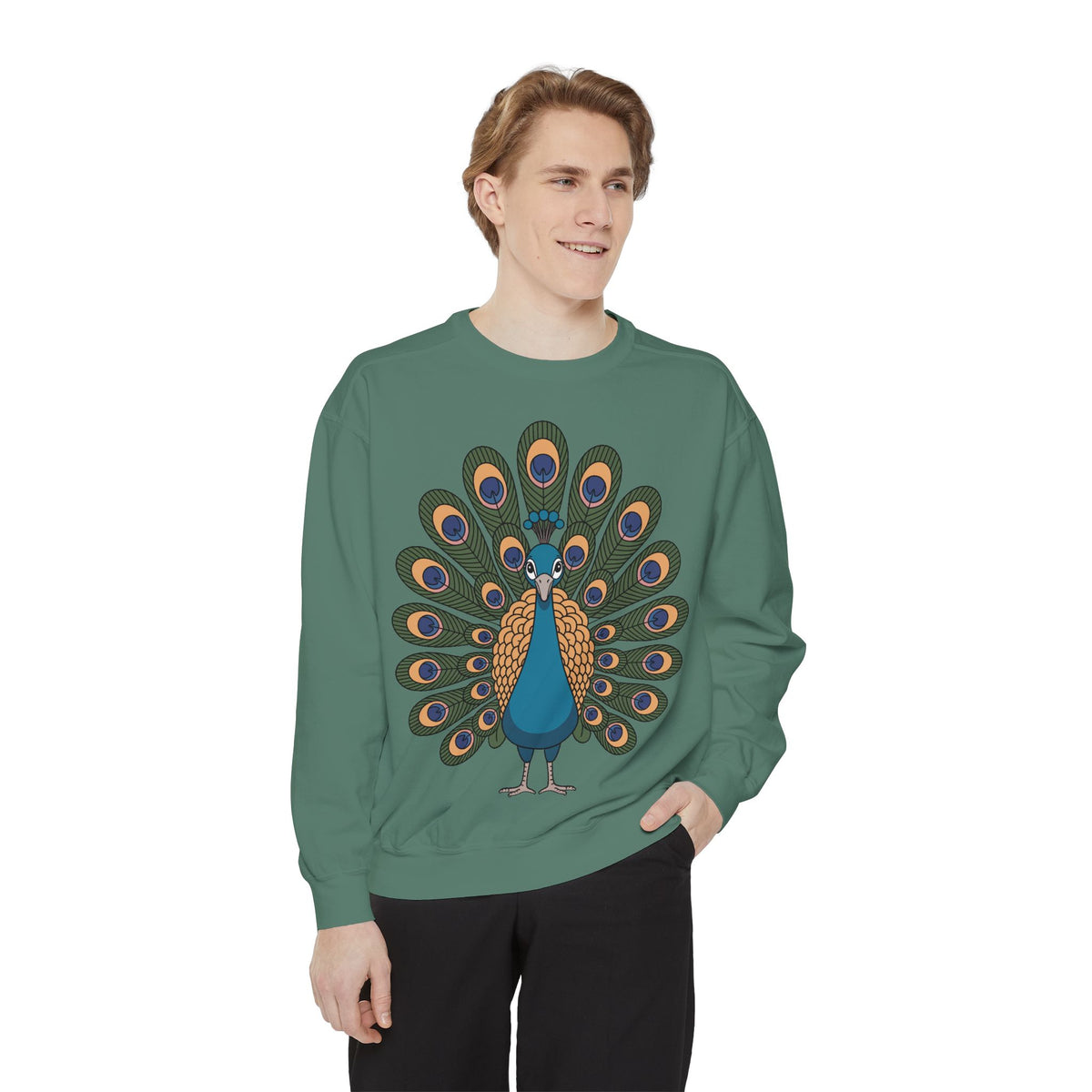 Peacock Sweatshirt, Cute Cartoon Peacock Crewneck, Embroidered Patch Style Feather Sweatshirt, Bird Lover Gift