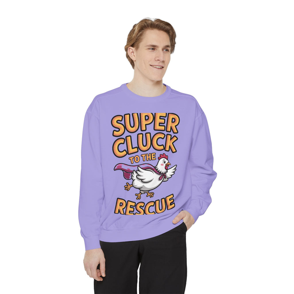 Super Cluck To The Rescue Sweatshirt, Funny Superhero Chicken Crewneck, Cute Chicken Lover Gift, Garment Dyed Embroidered Sweatshirt