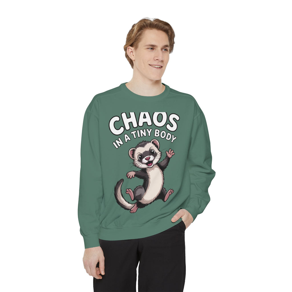 Funny Ferret Sweatshirt, Chaos In A Tiny Body Crewneck, Cute Ferret Lover Gift, Embroidered Style Ferret Sweatshirt For Pet Owners