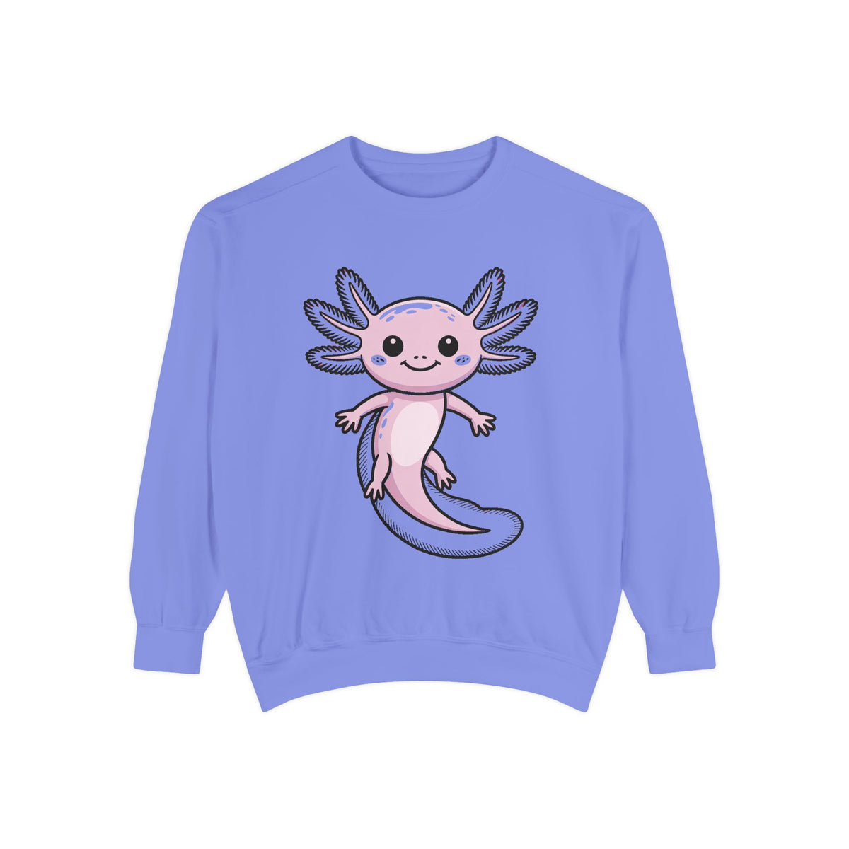 Cute Axolotl Sweatshirt, Smiling Axolotl Embroidered Crewneck, Kawaii Animal Lover Gift, Garment Dyed Pullover