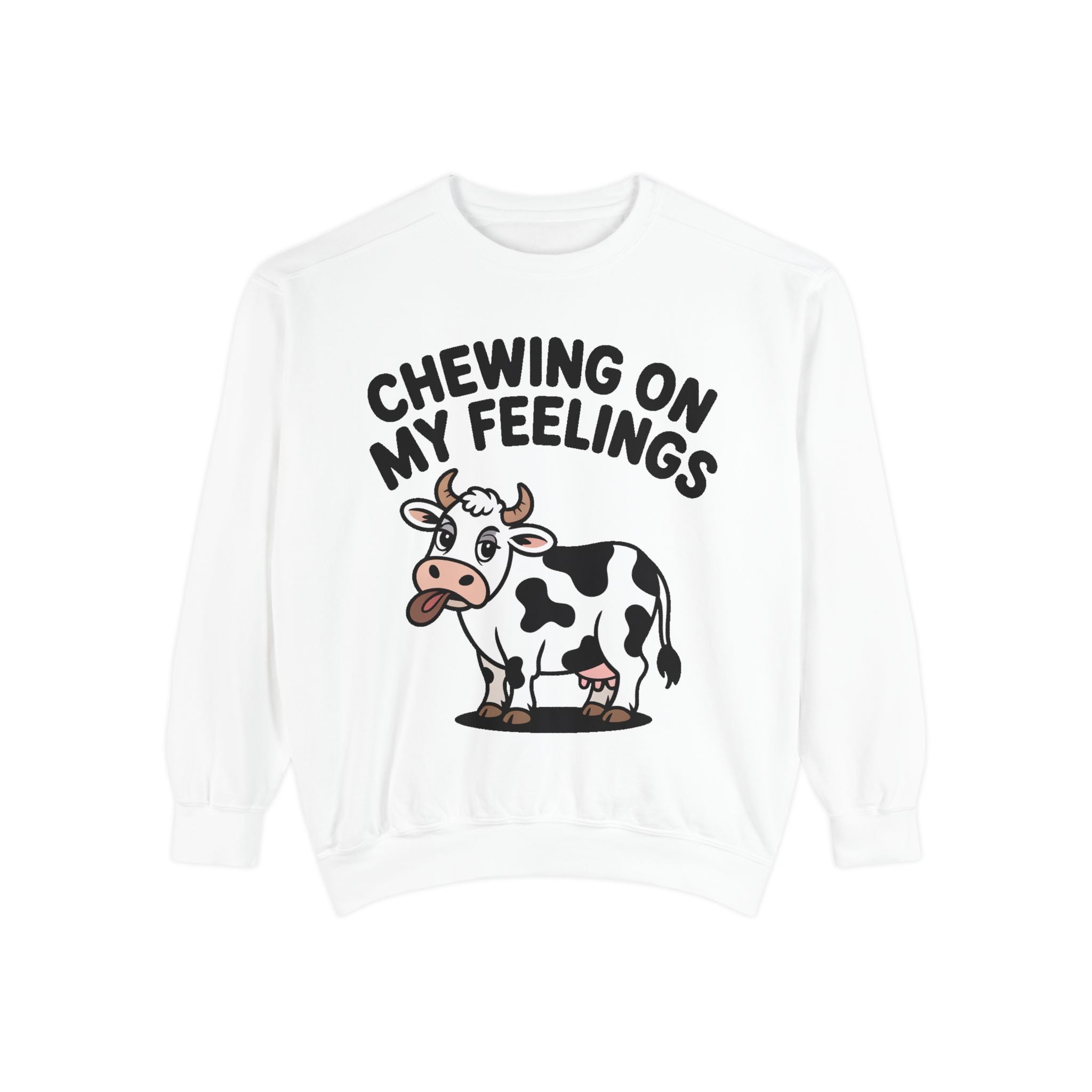Chewing On My Feelings Sweatshirt, Funny Cow Crewneck, Cute Cow Lover Gift, Embroidered Style Cow Sweatshirt, Funny Farm Animal Shirt