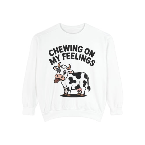Chewing On My Feelings Sweatshirt, Funny Cow Crewneck, Cute Cow Lover Gift, Embroidered Style Cow Sweatshirt, Funny Farm Animal Shirt