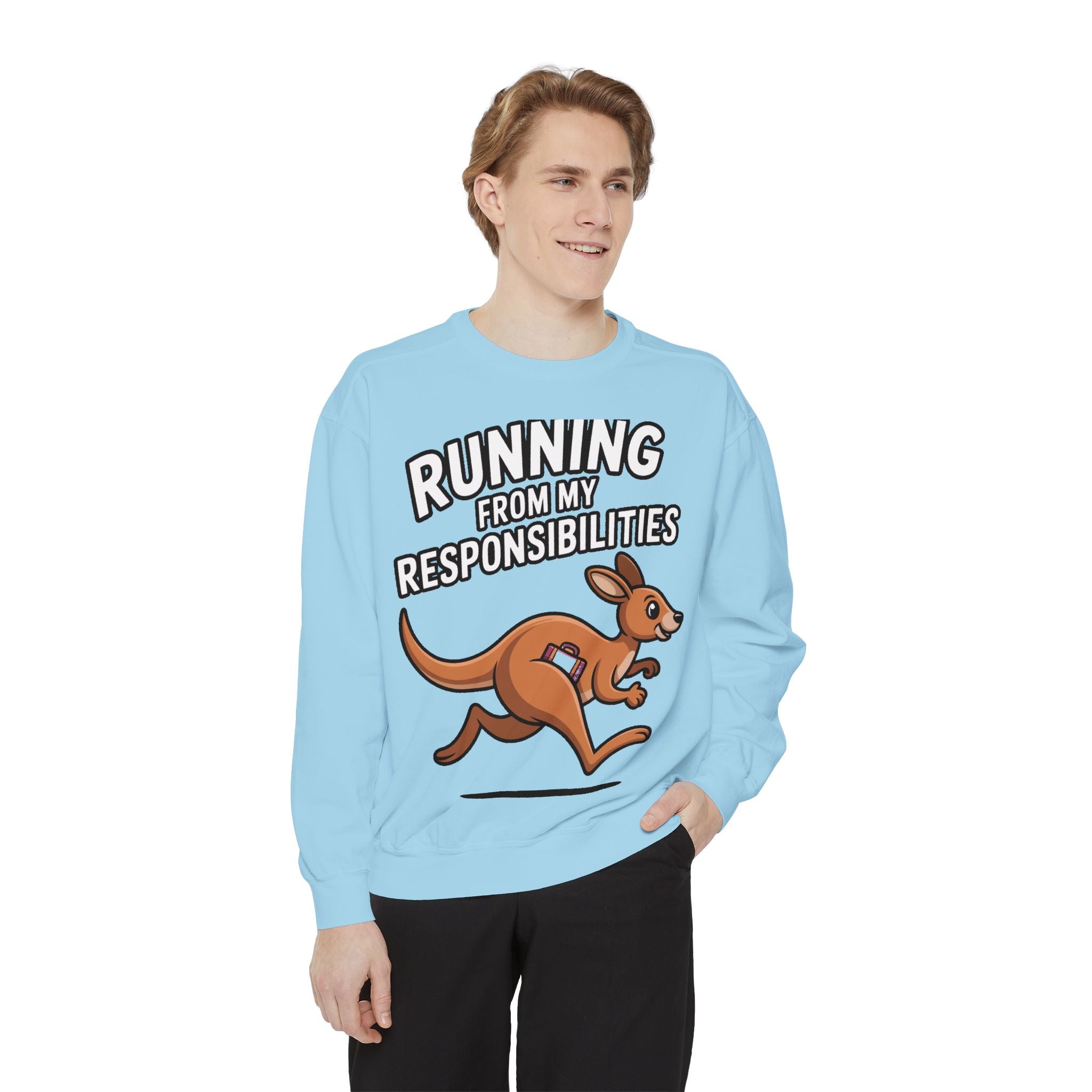 Running From My Responsibilities Sweatshirt, Funny Kangaroo Crewneck, Adulting Humor Gift, Cute Cartoon Animal Sweatshirt