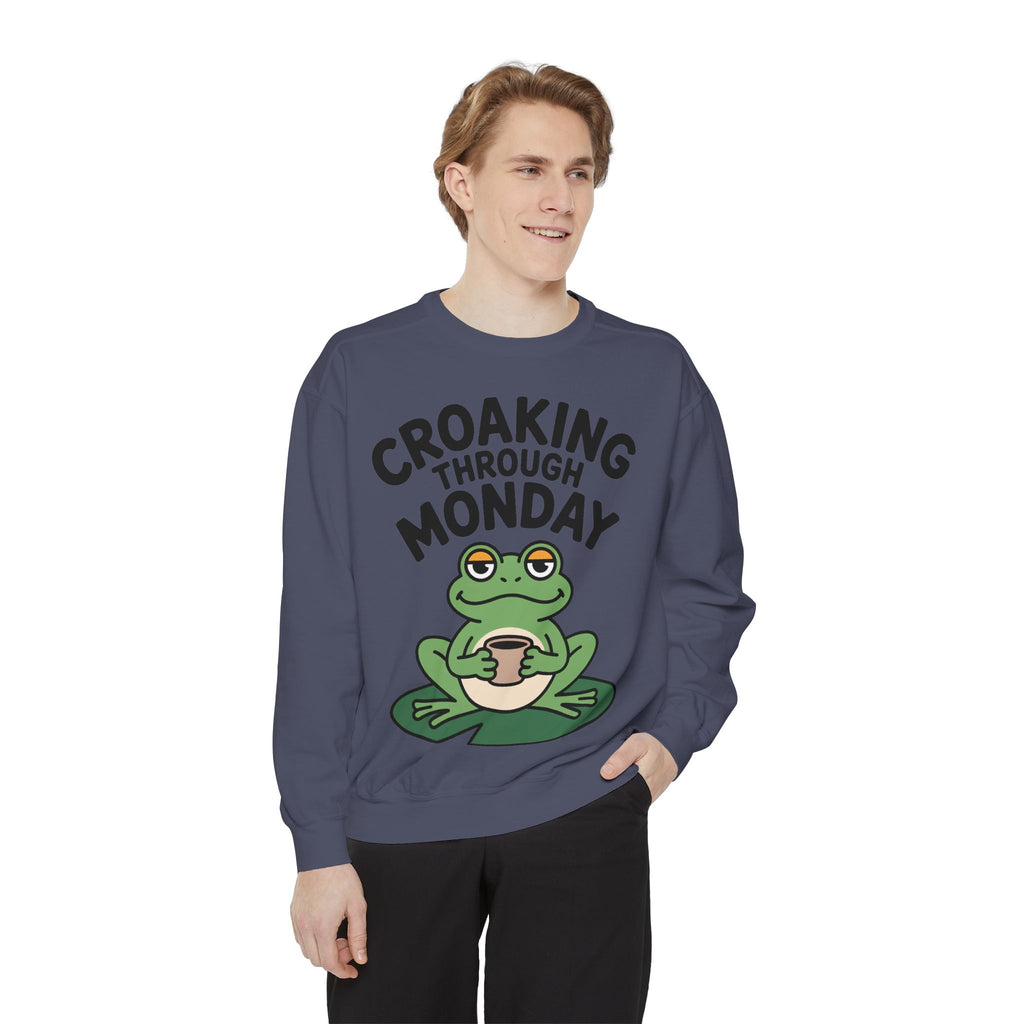 Croaking Through Monday Sweatshirt, Funny Tired Frog Crewneck, Cute Coffee Frog Sweatshirt, Frog Lover Gift