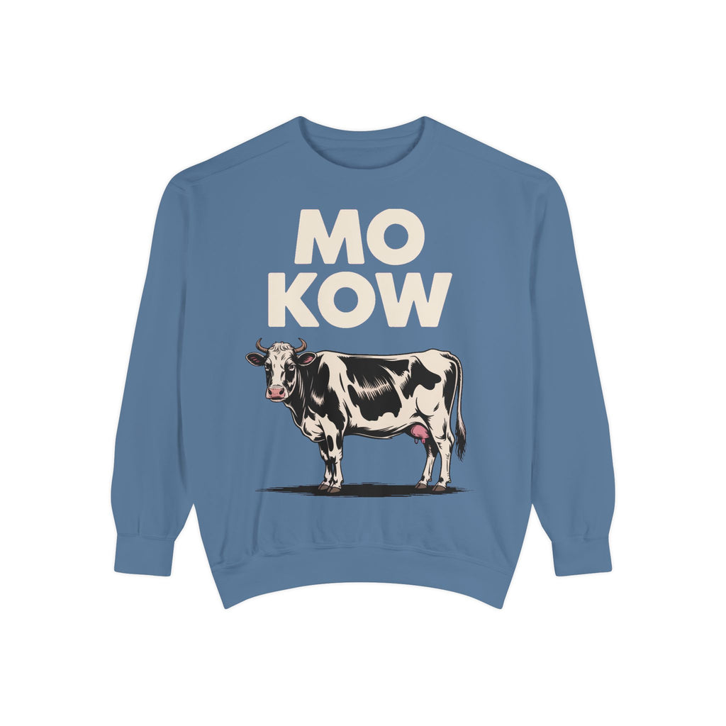 Mo Kow Funny Cow Sweatshirt, Absurd Meme Crewneck, Deadpan Farm Animal Embroidered Sweatshirt, Funny Cow Lover Gift