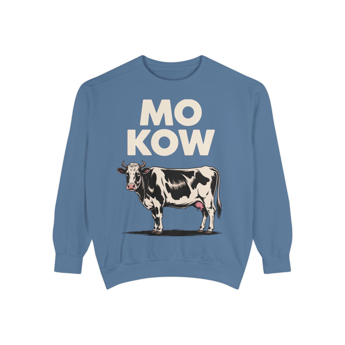 Mo Kow Funny Cow Sweatshirt, Absurd Meme Crewneck, Deadpan Farm Animal Embroidered Sweatshirt, Funny Cow Lover Gift