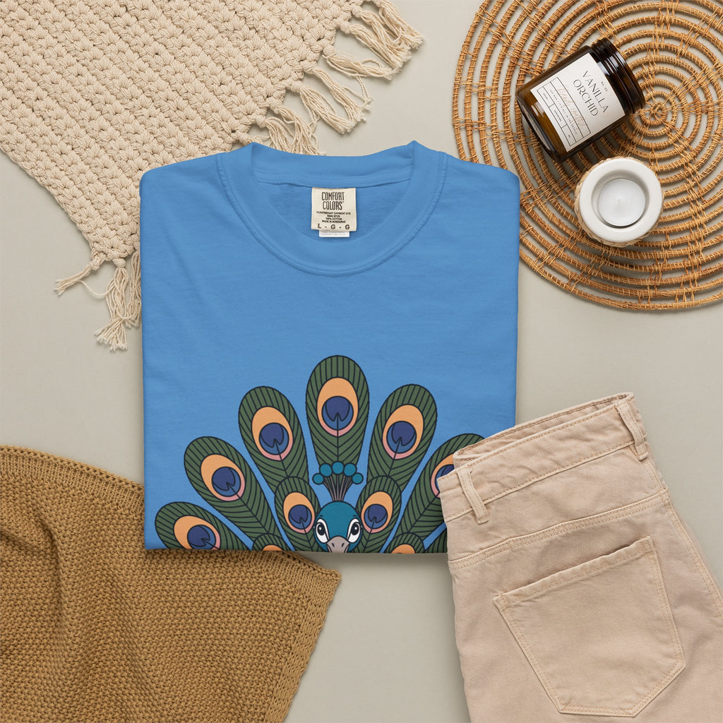 Cute Peacock T-Shirt, Fanned Feathers Bird Lover Gift Tee, Cartoon Peacock Graphic Shirt for Nature Lovers