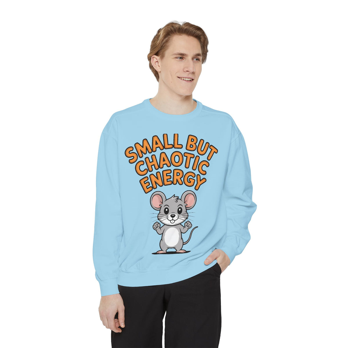Small But Chaotic Energy Sweatshirt, Funny Mouse Crewneck, Cute Cartoon Mouse Sweatshirt, Embroidered Patch Style Gift
