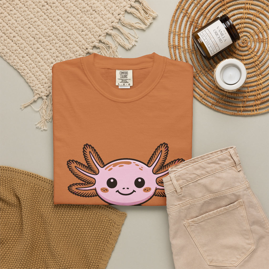 Cute Axolotl Shirt, Smiling Axolotl T-Shirt, Kawaii Axolotl Lover Gift, Garment Dyed Unisex Tee