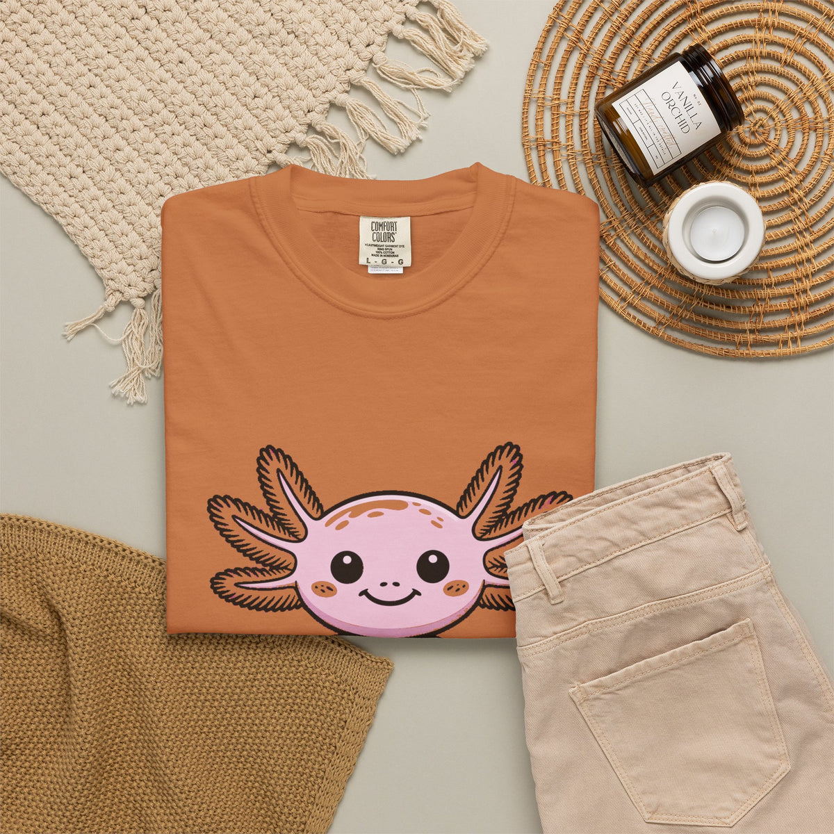 Cute Axolotl Shirt, Smiling Axolotl T-Shirt, Kawaii Axolotl Lover Gift, Garment Dyed Unisex Tee