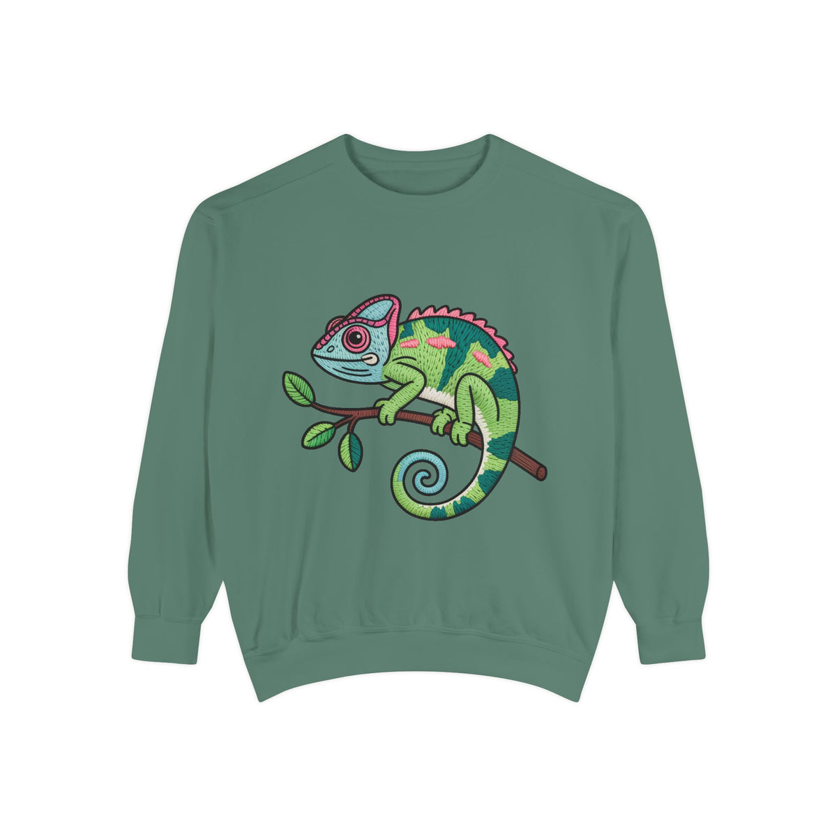 Chameleon Sweatshirt, Cute Embroidered Patch Style Crewneck, Reptile Lover Gift, Garment Dyed Sweatshirt for Nature Lovers