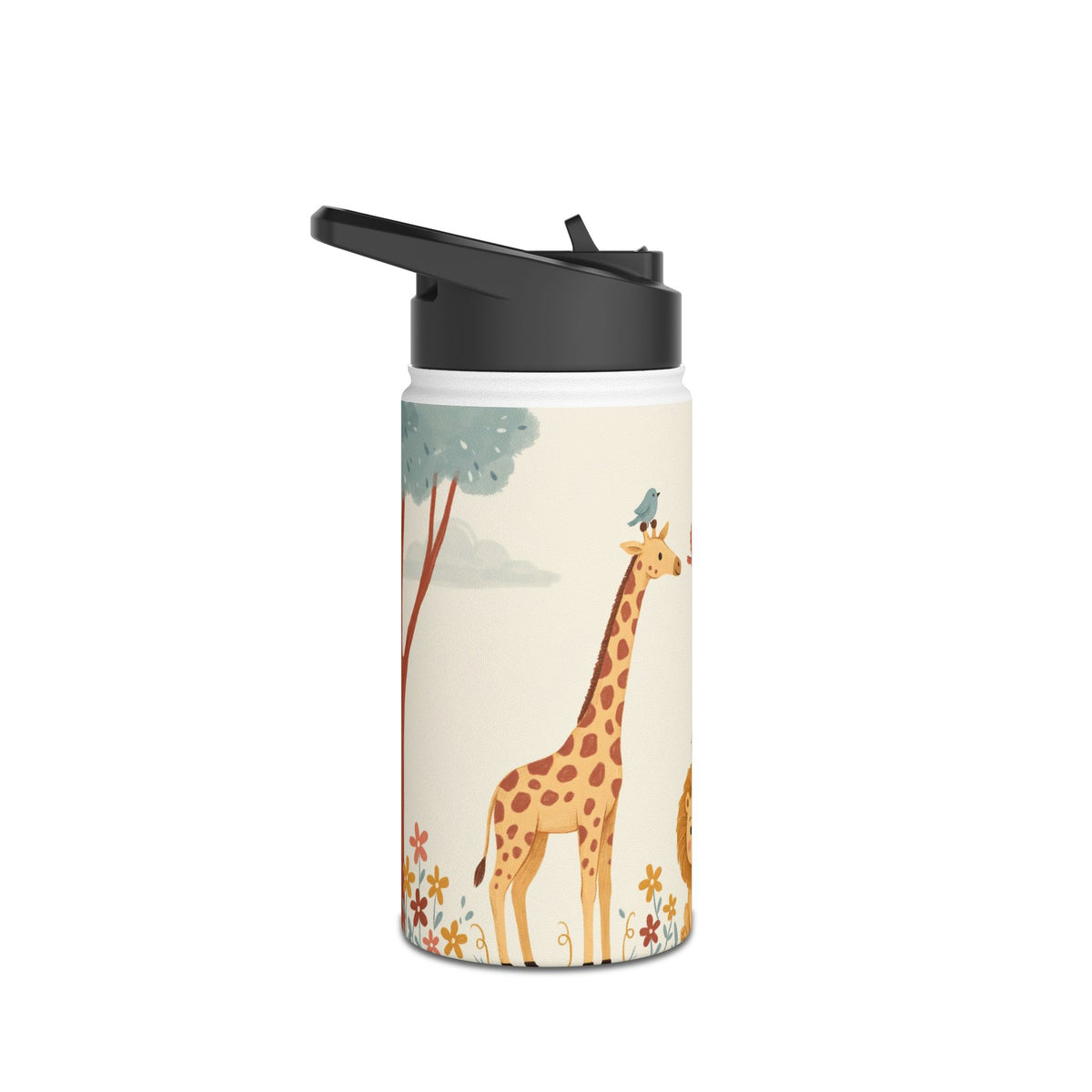 Kids Safari Animal Stainless Steel Water Bottle – Lion, Giraffe & Elephant Design