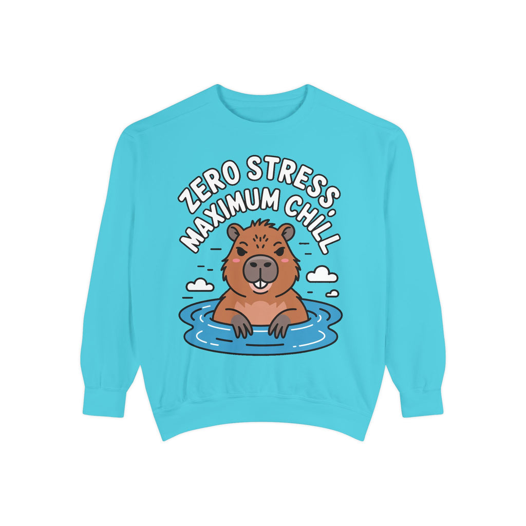 Zero Stress Capybara Sweatshirt, Funny Hot Spring Capybara Crewneck, Cute Chill Animal Gift, Garment Dyed Embroidered Sweatshirt