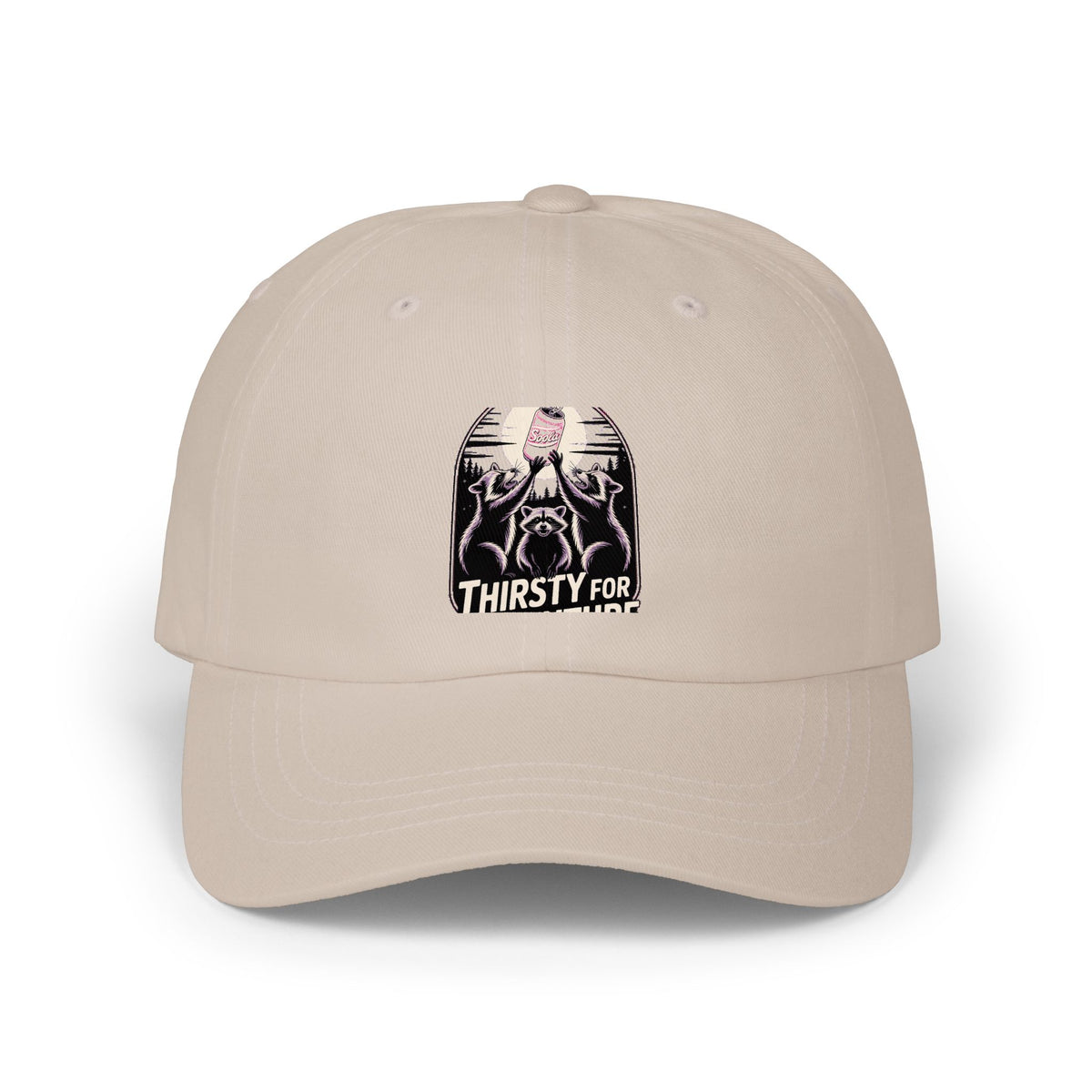 Thirsty For Adventure Raccoons Dad Cap, Funny Raccoon Hat, Vintage Poster Style Embroidered Cap, Camping Hiking Gift