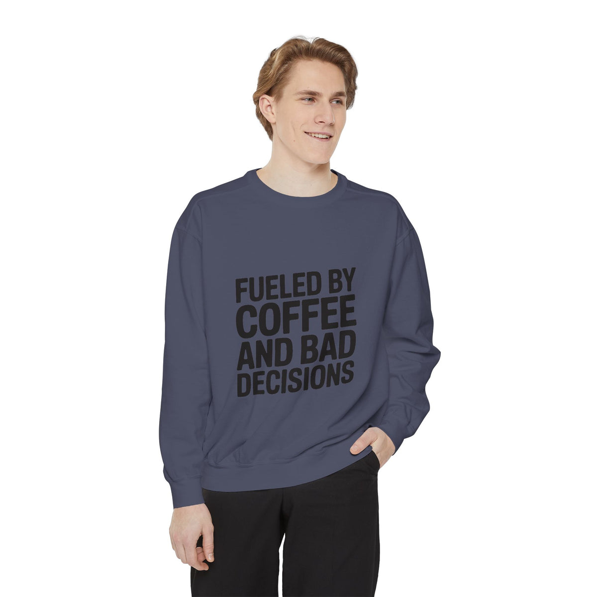 Fueled By Coffee And Bad Decisions Sweatshirt, Funny Embroidered Crewneck, Sarcastic Coffee Lover Gift, Trendy Minimalist Pullover