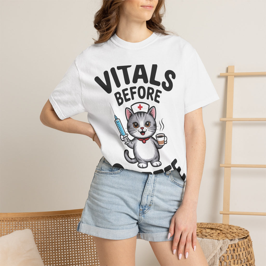 Vitals Before Coffee Nurse Shirt, Funny Nurse Cat T-Shirt, Cute Nurse Gift, Nursing Student Shirt, RN Coffee Lover Tee