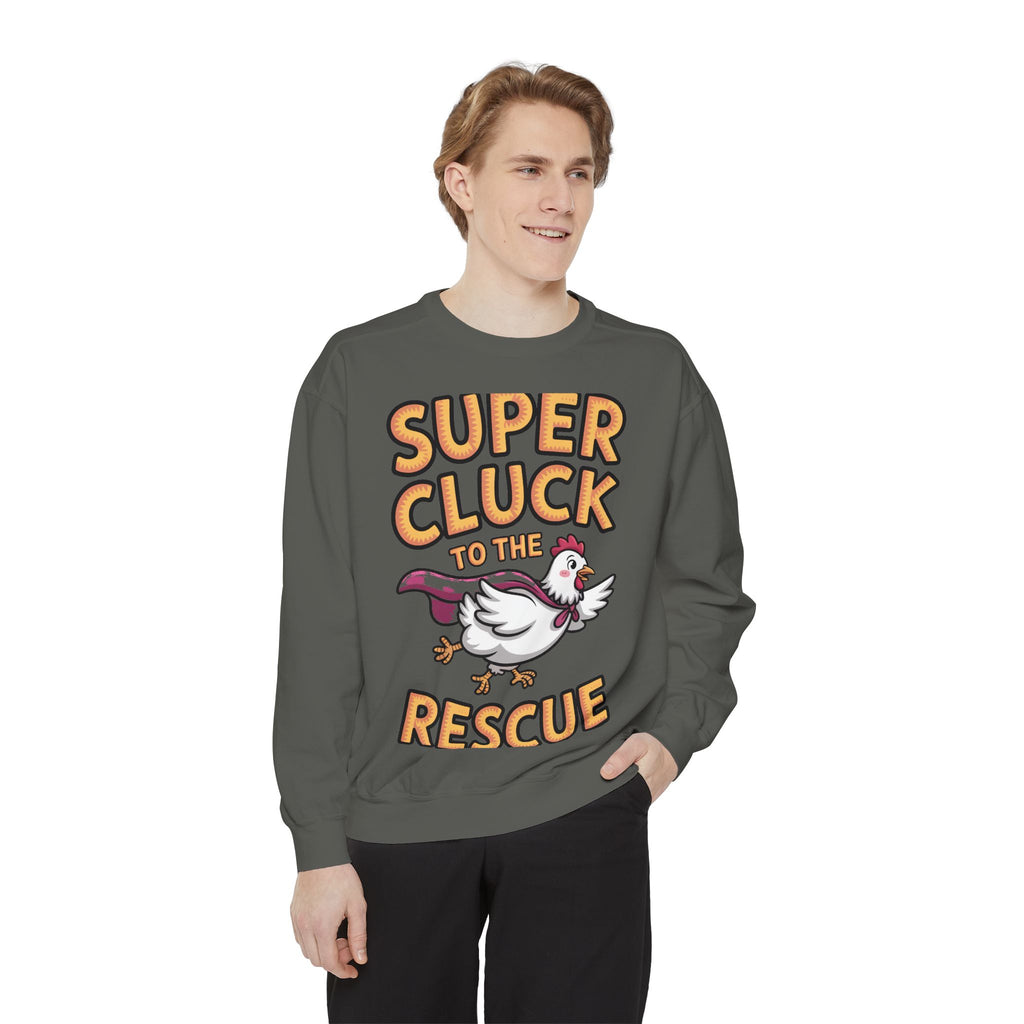 Super Cluck To The Rescue Sweatshirt, Funny Superhero Chicken Crewneck, Cute Chicken Lover Gift, Garment Dyed Embroidered Sweatshirt