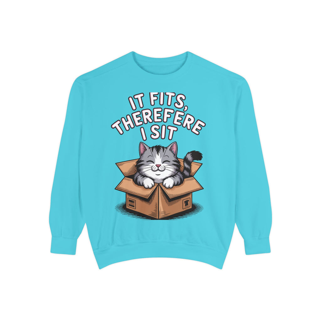 Funny Cat Sweatshirt, It Fits Therefore I Sit Crewneck, Cat In Box Embroidered Sweatshirt, Cat Lover Gift, Funny Cat Lover Sweater