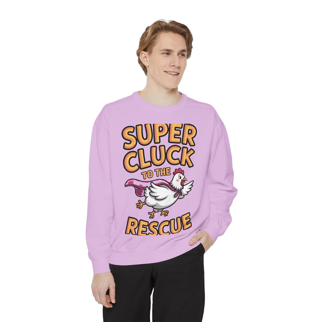 Super Cluck To The Rescue Sweatshirt, Funny Superhero Chicken Crewneck, Cute Chicken Lover Gift, Garment Dyed Embroidered Sweatshirt