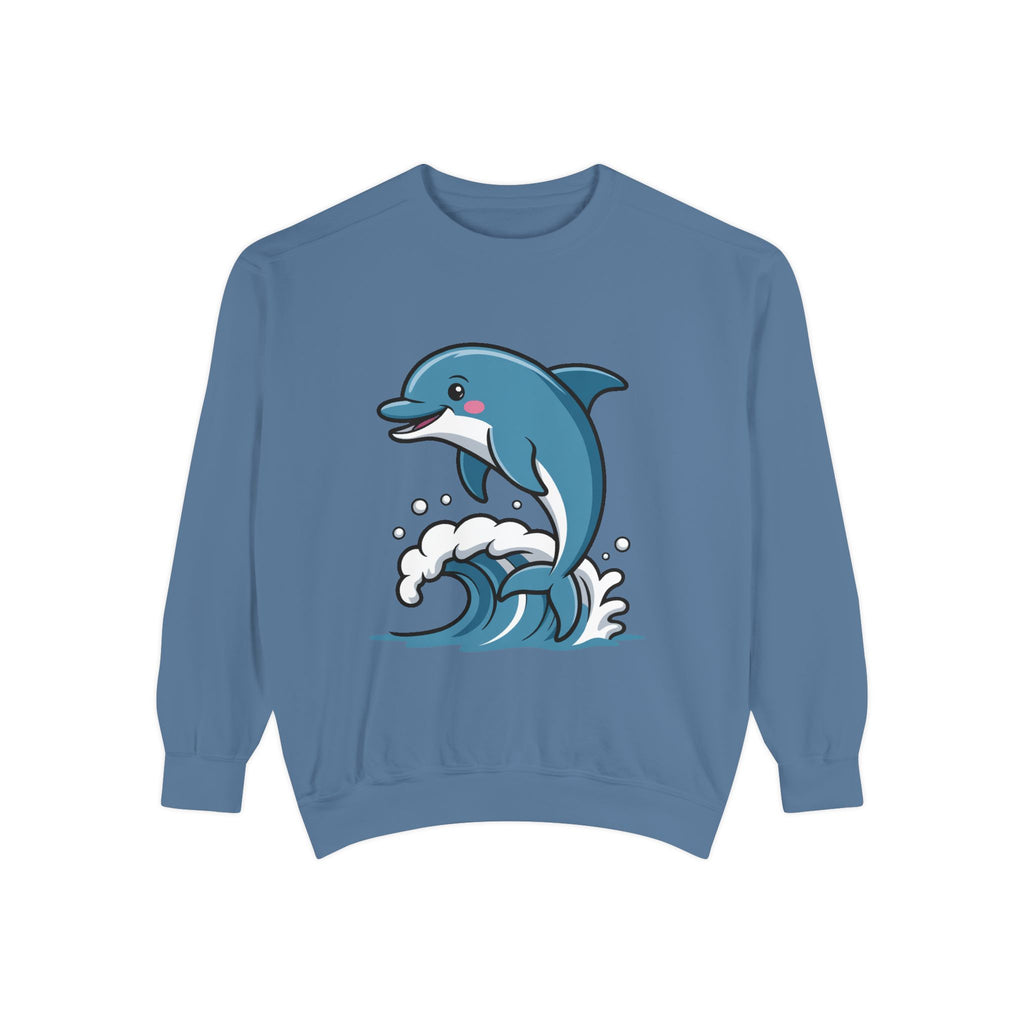 Cute Dolphin Sweatshirt, Embroidered Wave Crewneck, Ocean Lover Gift, Garment Dyed Beach Sweatshirt for Women Men