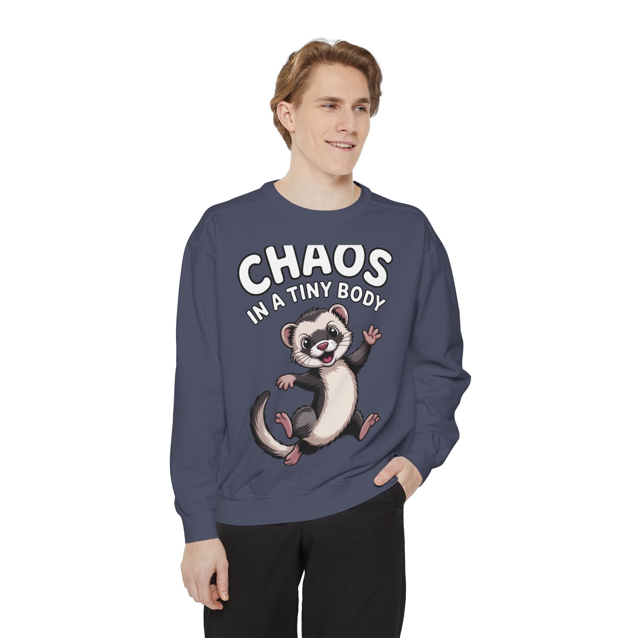 Funny Ferret Sweatshirt, Chaos In A Tiny Body Crewneck, Cute Ferret Lover Gift, Embroidered Style Ferret Sweatshirt For Pet Owners