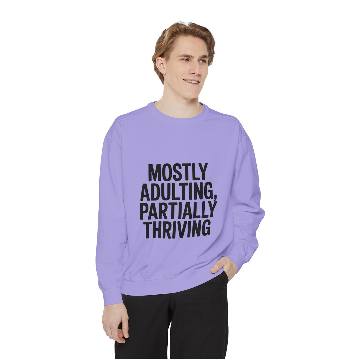 Mostly Adulting Partially Thriving Sweatshirt, Funny Embroidered Crewneck, Sarcastic Adult Life Sweatshirt, Trendy Minimalist Gift