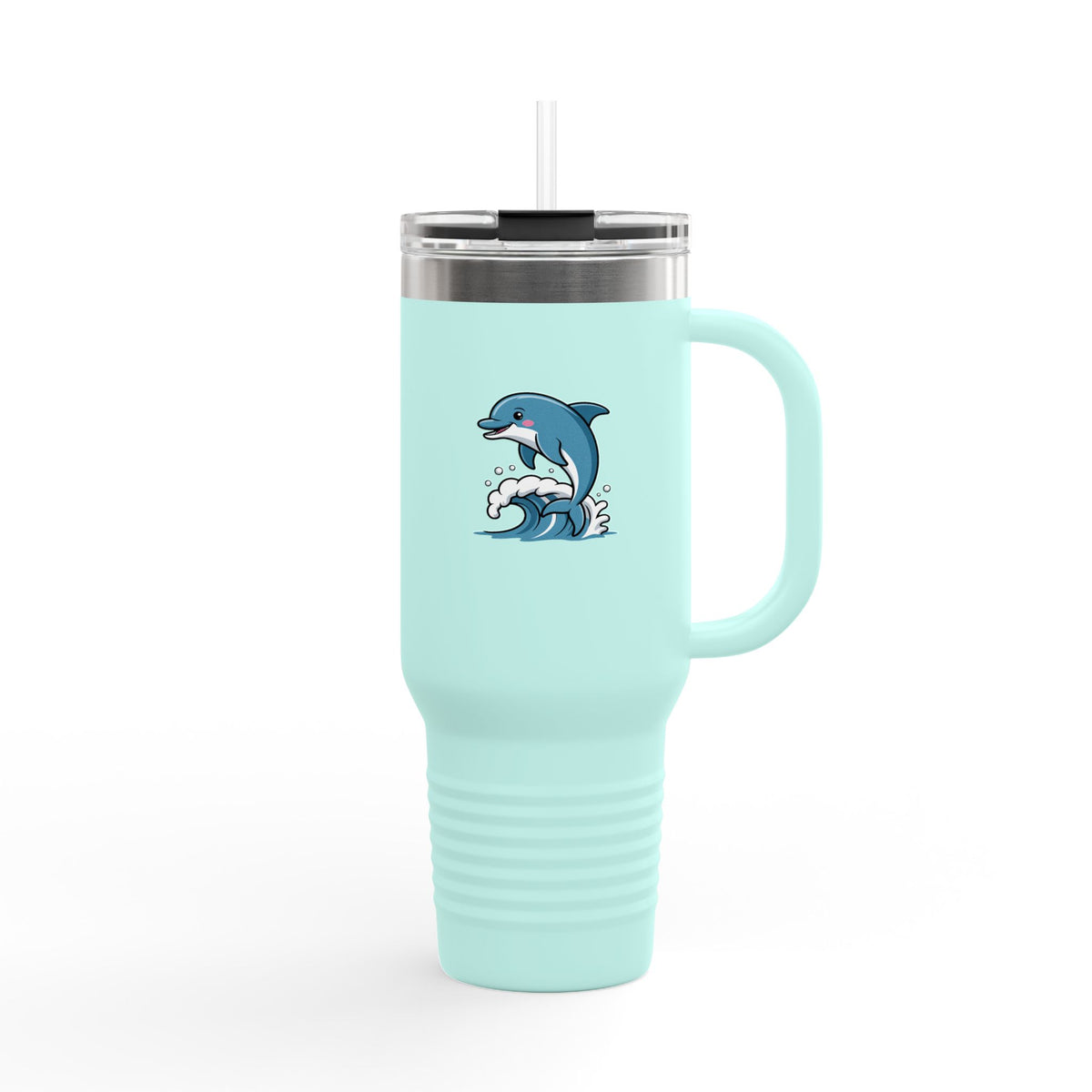 Cute Dolphin Travel Mug, Jumping Dolphin 40oz Tumbler with Handle, Ocean Lover Gift, Beach Vacation Cup for Her