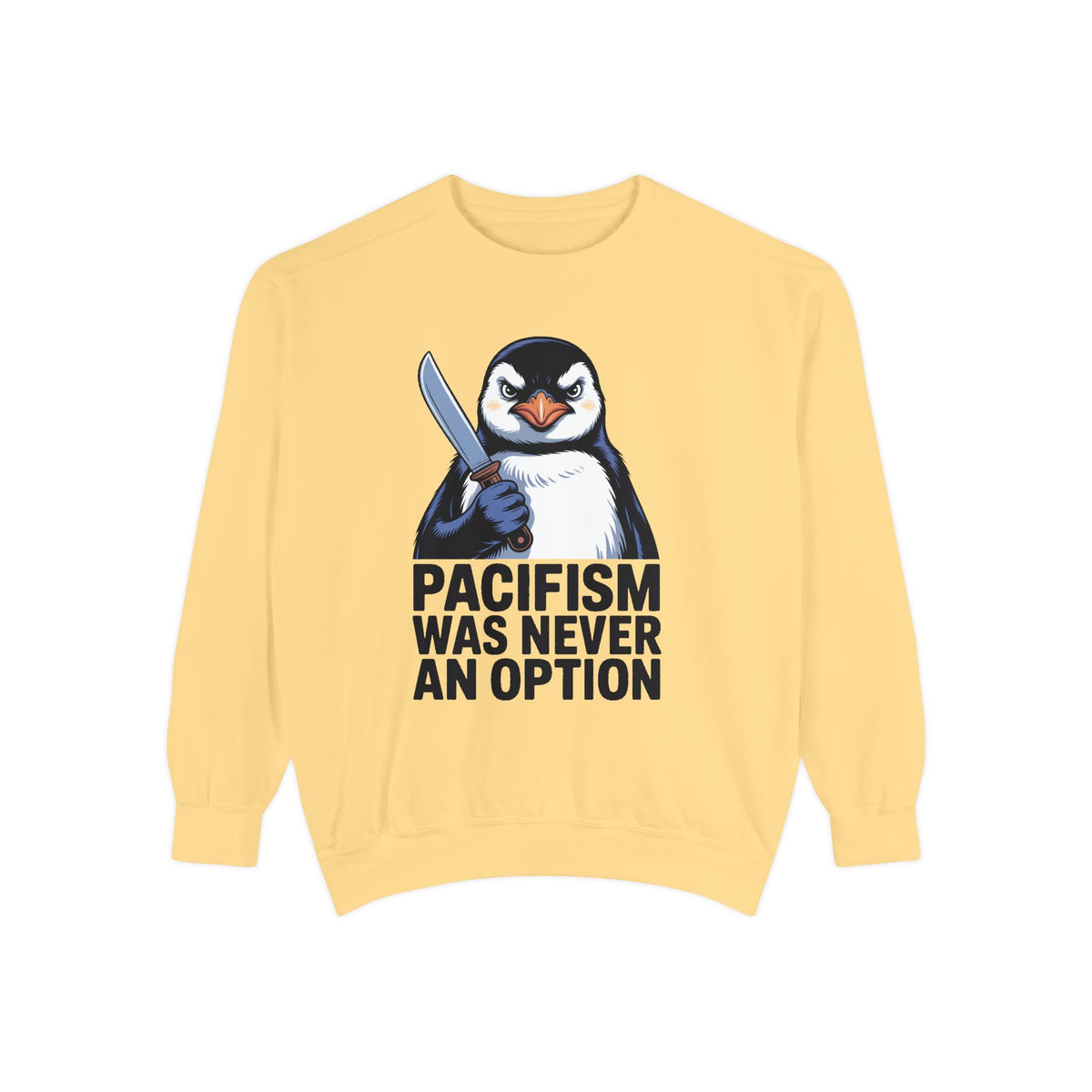 Pacifism Was Never An Option Penguin Sweatshirt, Funny Butter Knife Penguin Crewneck, Vintage Poster Style Graphic Sweatshirt Gift