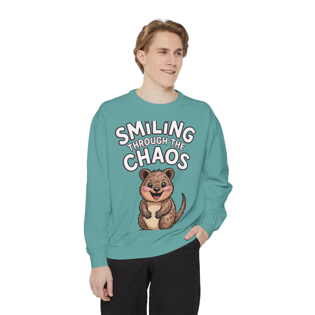 Smiling Through The Chaos Quokka Sweatshirt, Cute Embroidered-Look Crewneck, Funny Quokka Lover Gift, Positive Vibes Pullover