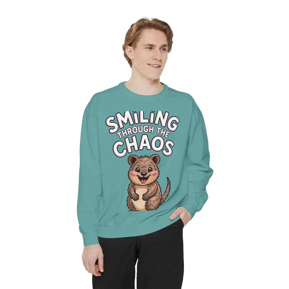 Smiling Through The Chaos Quokka Sweatshirt, Cute Embroidered-Look Crewneck, Funny Quokka Lover Gift, Positive Vibes Pullover