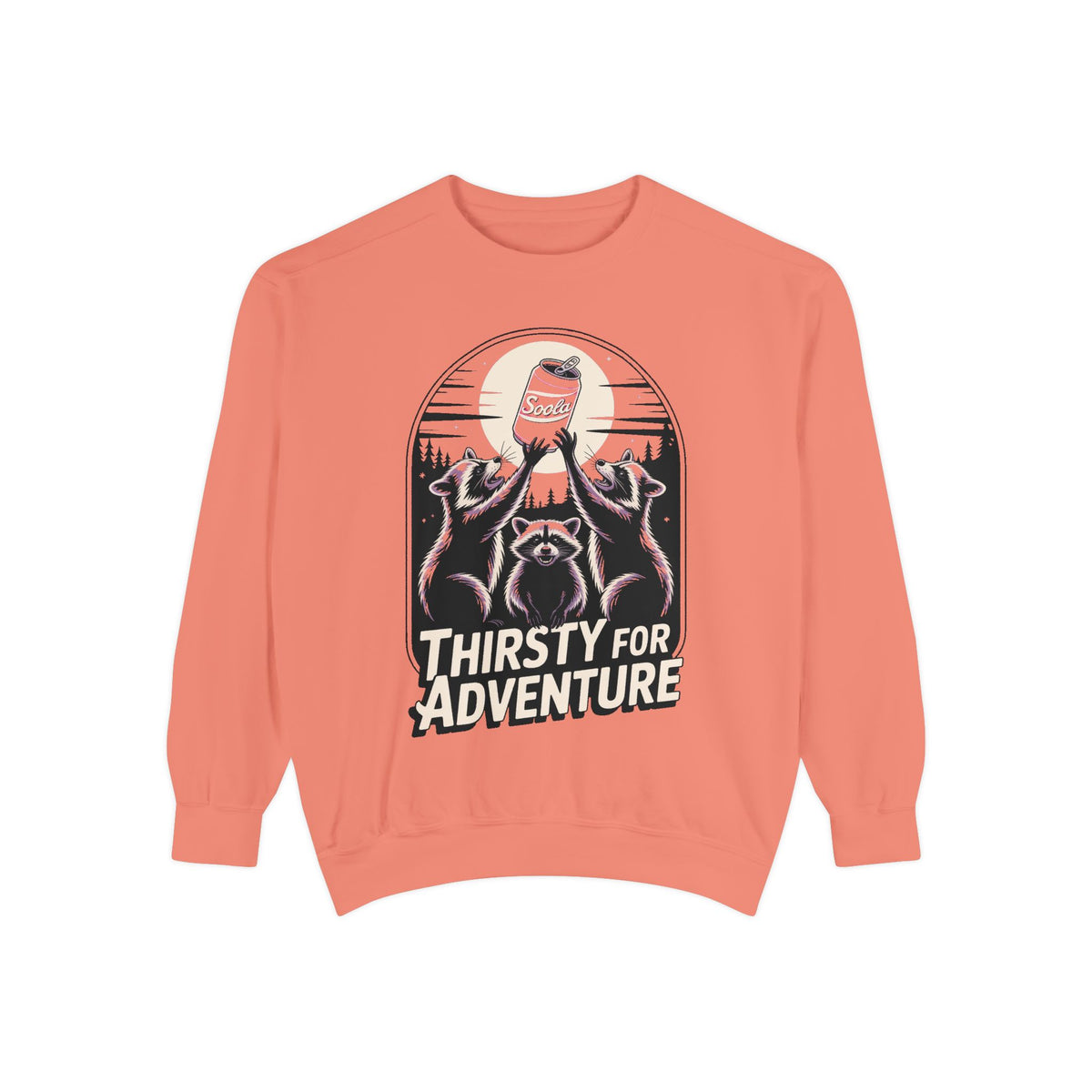 Thirsty For Adventure Raccoons Sweatshirt, Funny Vintage Poster Crewneck, Retro Raccoon Graphic Sweatshirt Gift