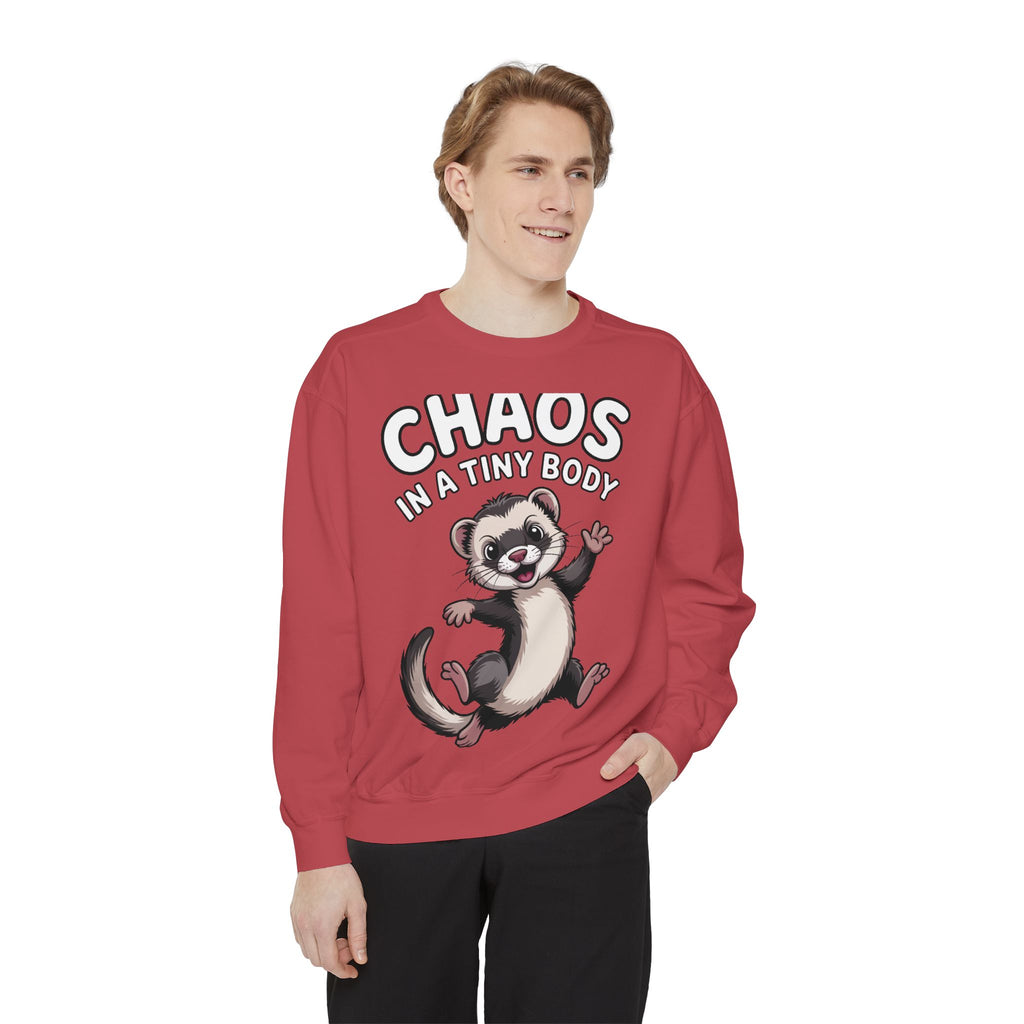 Funny Ferret Sweatshirt, Chaos In A Tiny Body Crewneck, Cute Ferret Lover Gift, Embroidered Style Ferret Sweatshirt For Pet Owners
