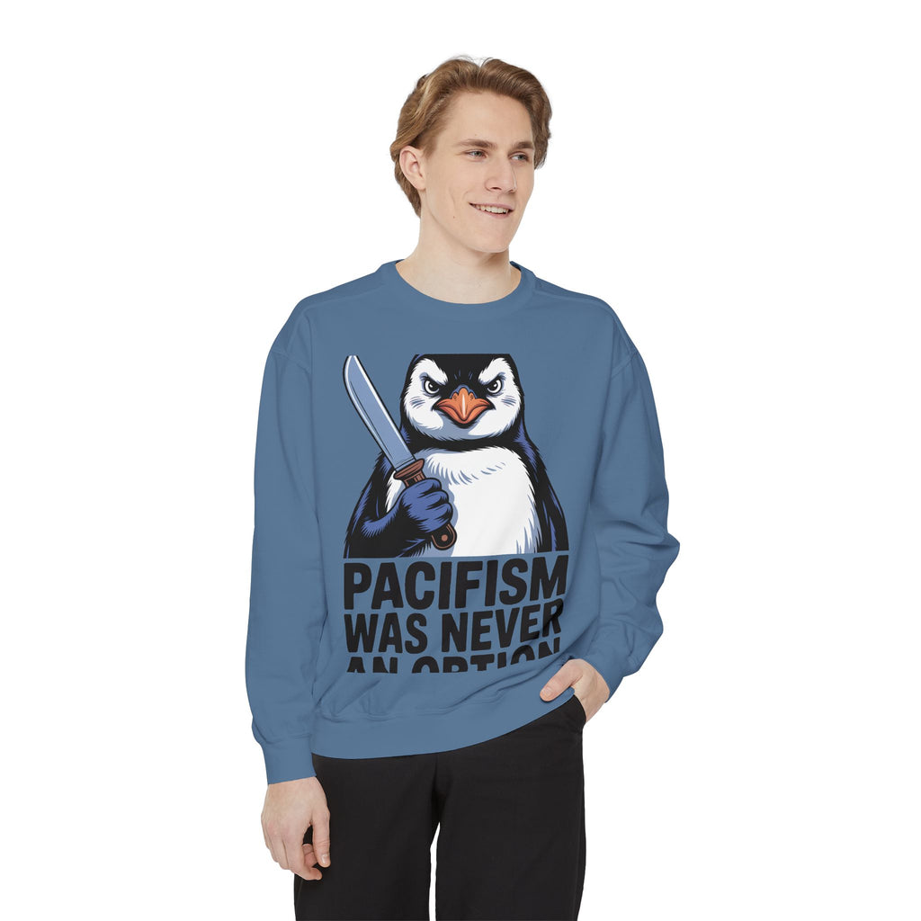 Pacifism Was Never An Option Penguin Sweatshirt, Funny Butter Knife Penguin Crewneck, Vintage Poster Style Graphic Sweatshirt Gift