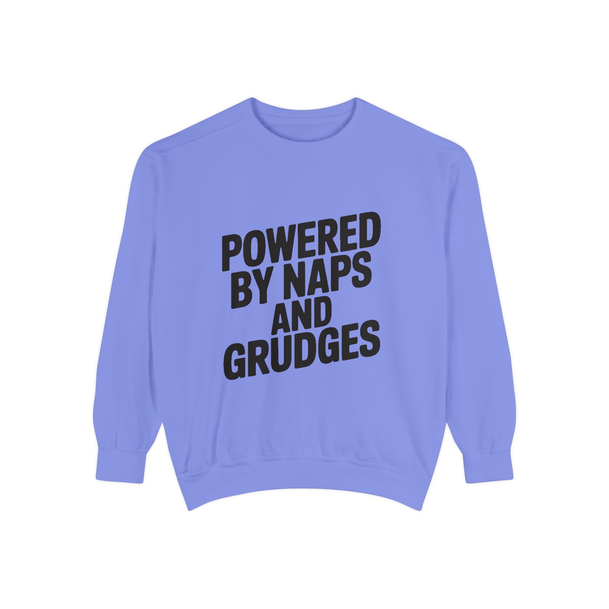 Powered By Naps And Grudges Sweatshirt, Funny Sarcastic Crewneck, Embroidered-Look Graphic Sweatshirt, Sarcasm Lover Gift