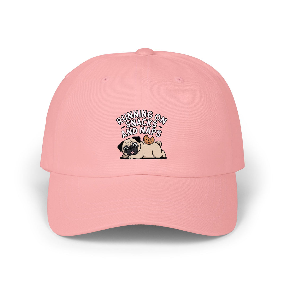 Pug Dad Hat, Funny Pug Cap, Running On Snacks And Naps Embroidered Hat, Cute Pug Lover Gift, Unstructured Dad Cap For Napping Dog Mom