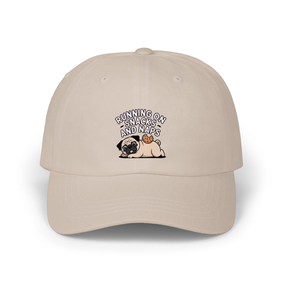 Pug Dad Hat, Funny Pug Cap, Running On Snacks And Naps Embroidered Hat, Cute Pug Lover Gift, Unstructured Dad Cap For Napping Dog Mom
