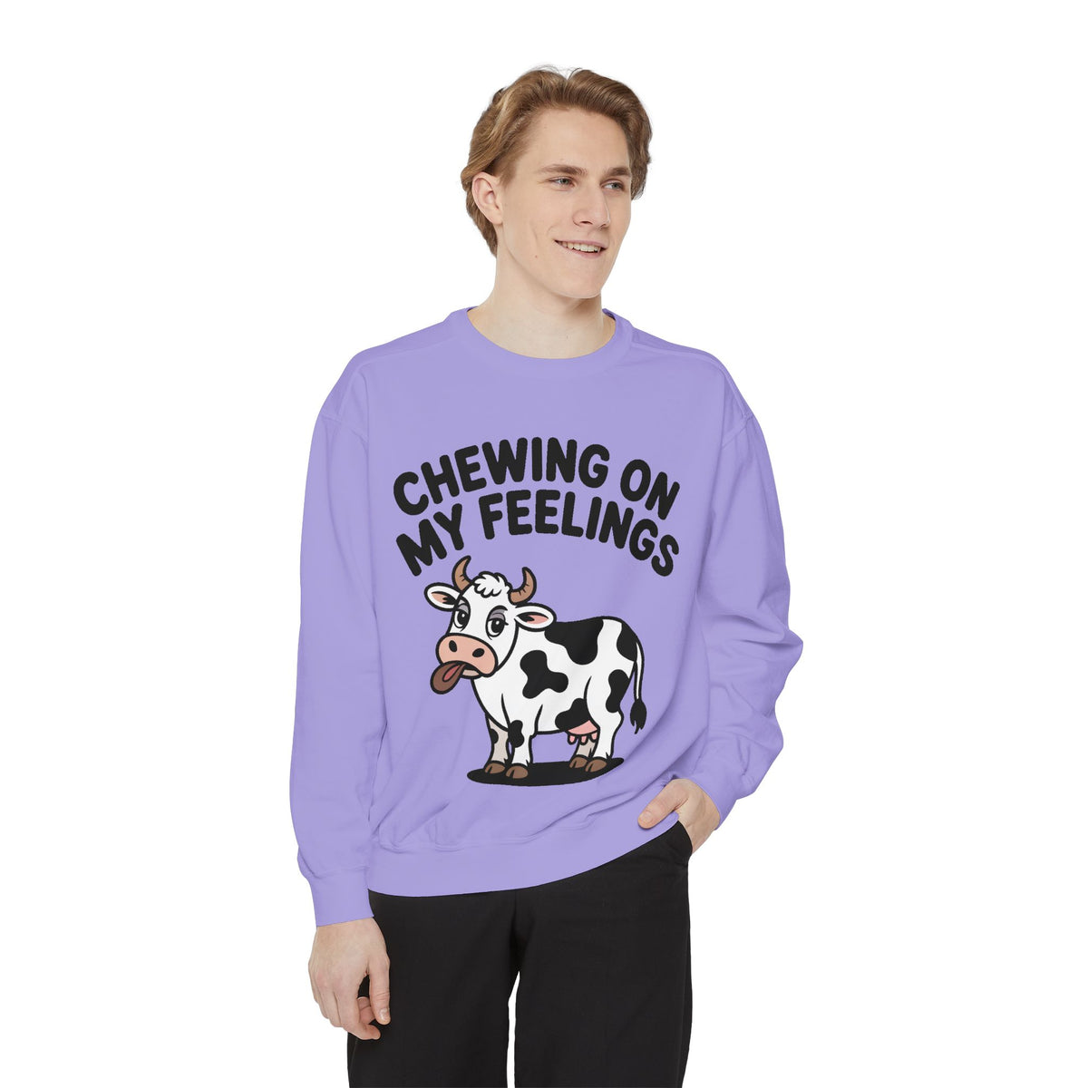 Chewing On My Feelings Sweatshirt, Funny Cow Crewneck, Cute Cow Lover Gift, Embroidered Style Cow Sweatshirt, Funny Farm Animal Shirt