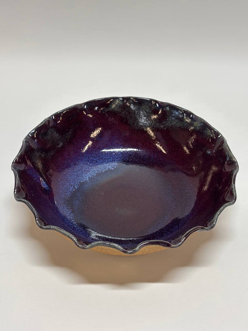 Handmade Ceramic Bowl – Deep Purple Glaze with Raw Unglazed Clay Exterior, Ruffled Edge Stoneware