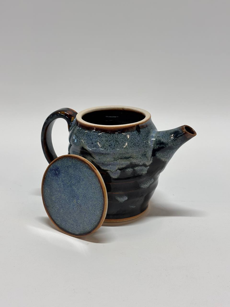 Handmade Ceramic Teapot – Black & Blue Drip Glaze Stoneware Tea Pot with Flat Lid