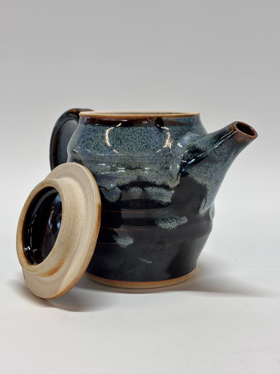 Handmade Ceramic Teapot – Black & Blue Drip Glaze Stoneware Tea Pot with Flat Lid