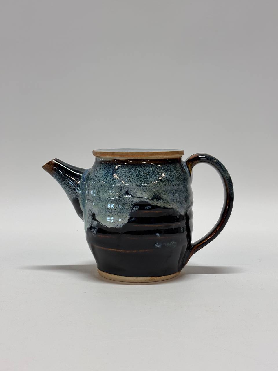 Handmade Ceramic Teapot – Black & Blue Drip Glaze Stoneware Tea Pot with Flat Lid