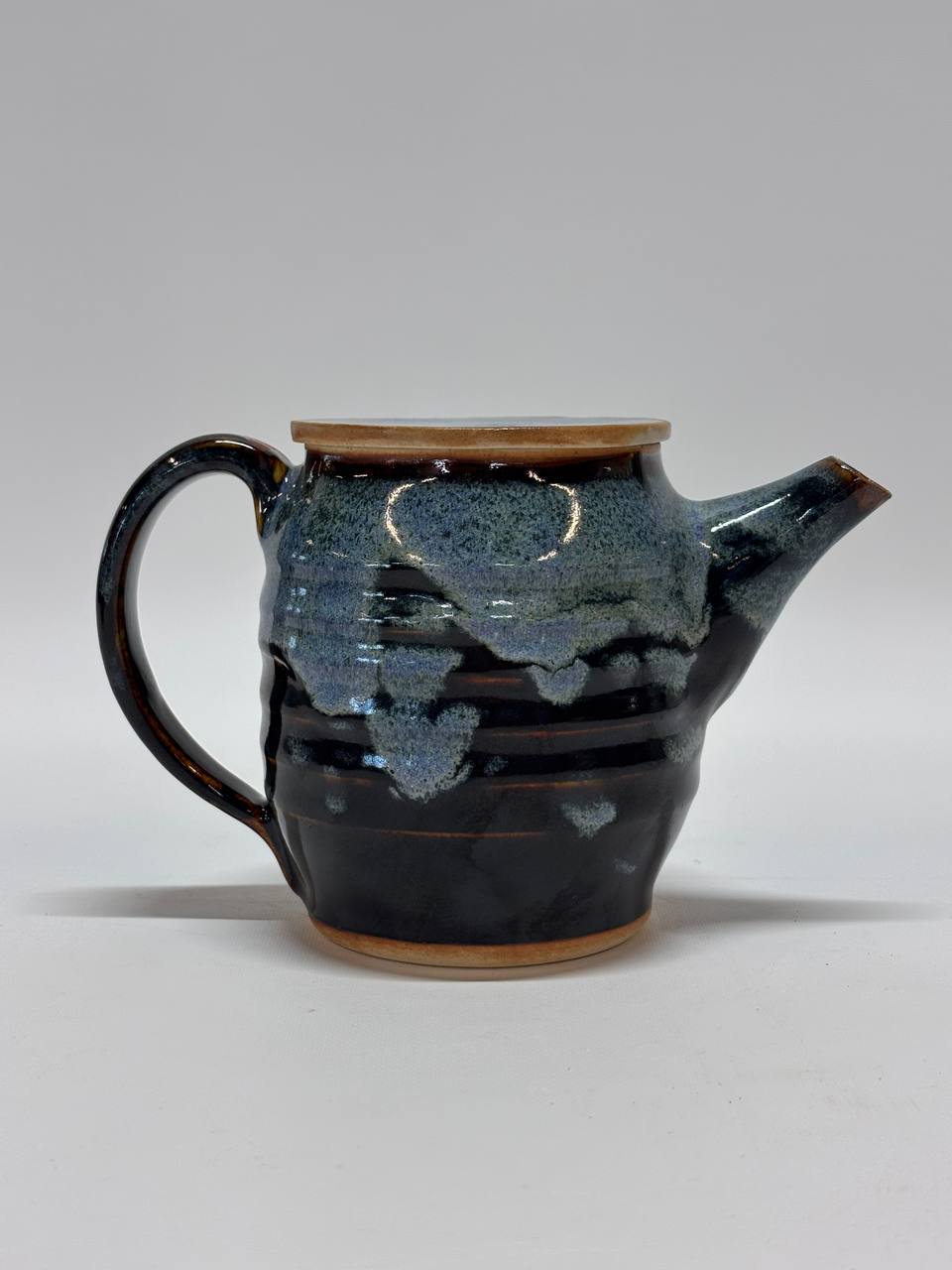 Handmade Ceramic Teapot – Black & Blue Drip Glaze Stoneware Tea Pot with Flat Lid