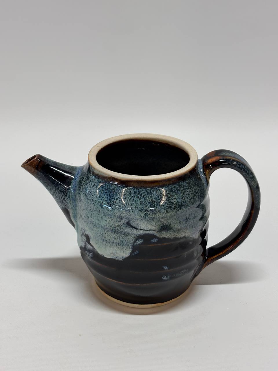 Handmade Ceramic Teapot – Black & Blue Drip Glaze Stoneware Tea Pot with Flat Lid