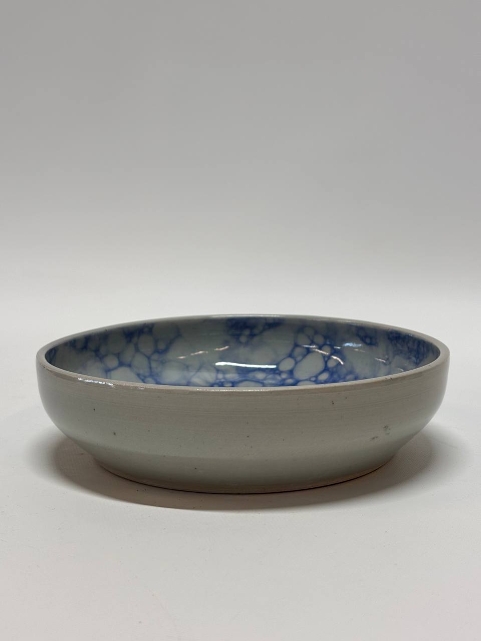 Handmade Ceramic Bowl Bubble-Glazing Technique– Blue & White Crackle Glaze Stoneware Shallow Serving Bowl