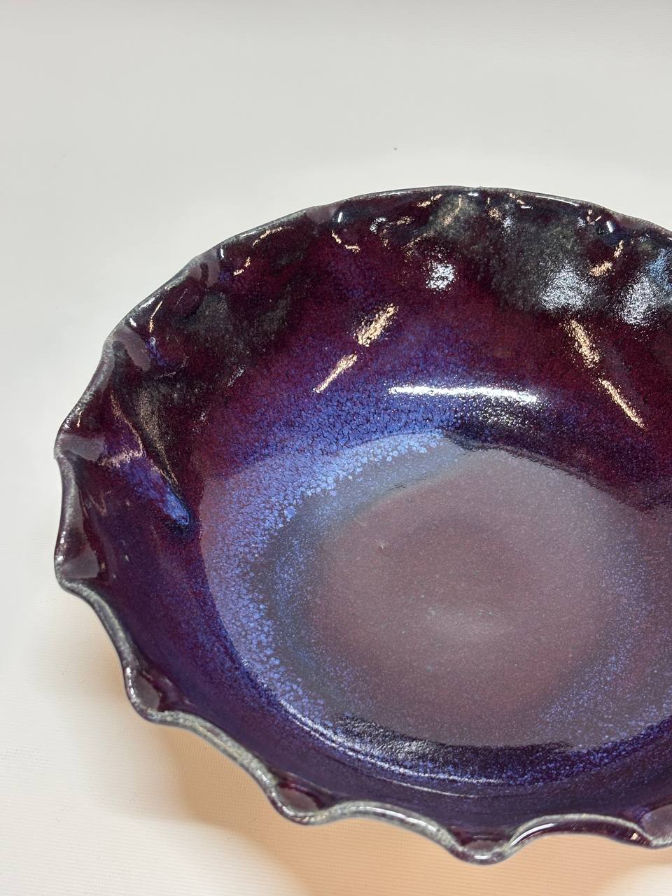 Handmade Ceramic Bowl – Deep Purple Glaze with Raw Unglazed Clay Exterior, Ruffled Edge Stoneware