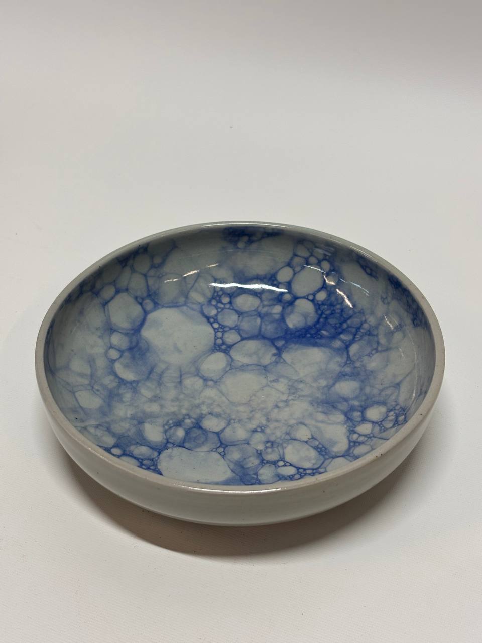 Handmade Ceramic Bowl Bubble-Glazing Technique– Blue & White Crackle Glaze Stoneware Shallow Serving Bowl