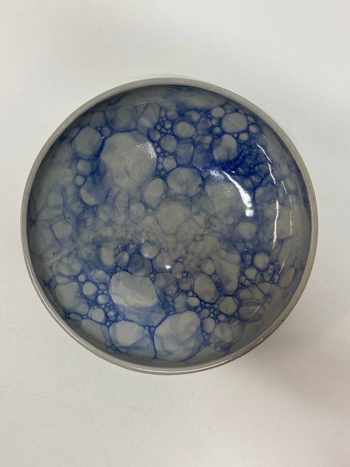 Handmade Ceramic Bowl Bubble-Glazing Technique– Blue & White Crackle Glaze Stoneware Shallow Serving Bowl