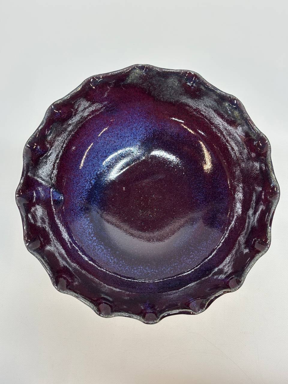 Handmade Ceramic Bowl – Deep Purple Glaze with Raw Unglazed Clay Exterior, Ruffled Edge Stoneware