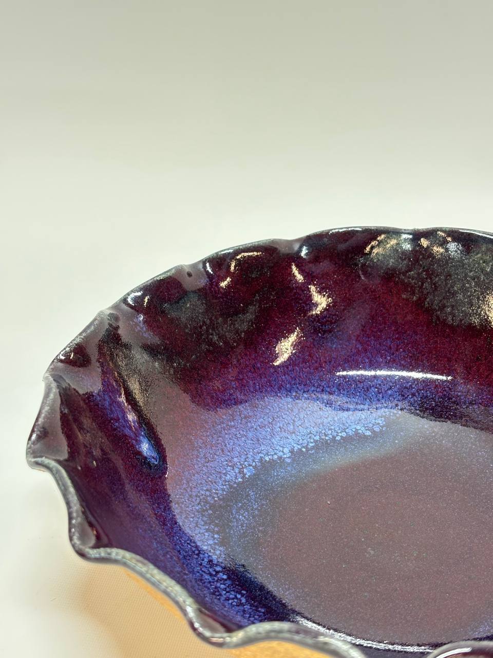 Handmade Ceramic Bowl – Deep Purple Glaze with Raw Unglazed Clay Exterior, Ruffled Edge Stoneware