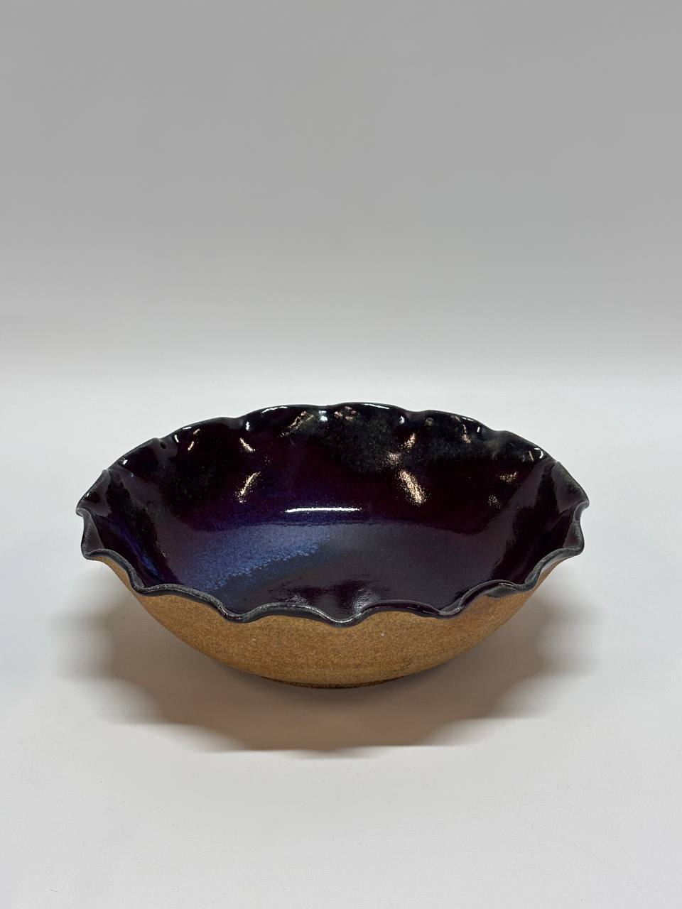 Handmade Ceramic Bowl – Deep Purple Glaze with Raw Unglazed Clay Exterior, Ruffled Edge Stoneware